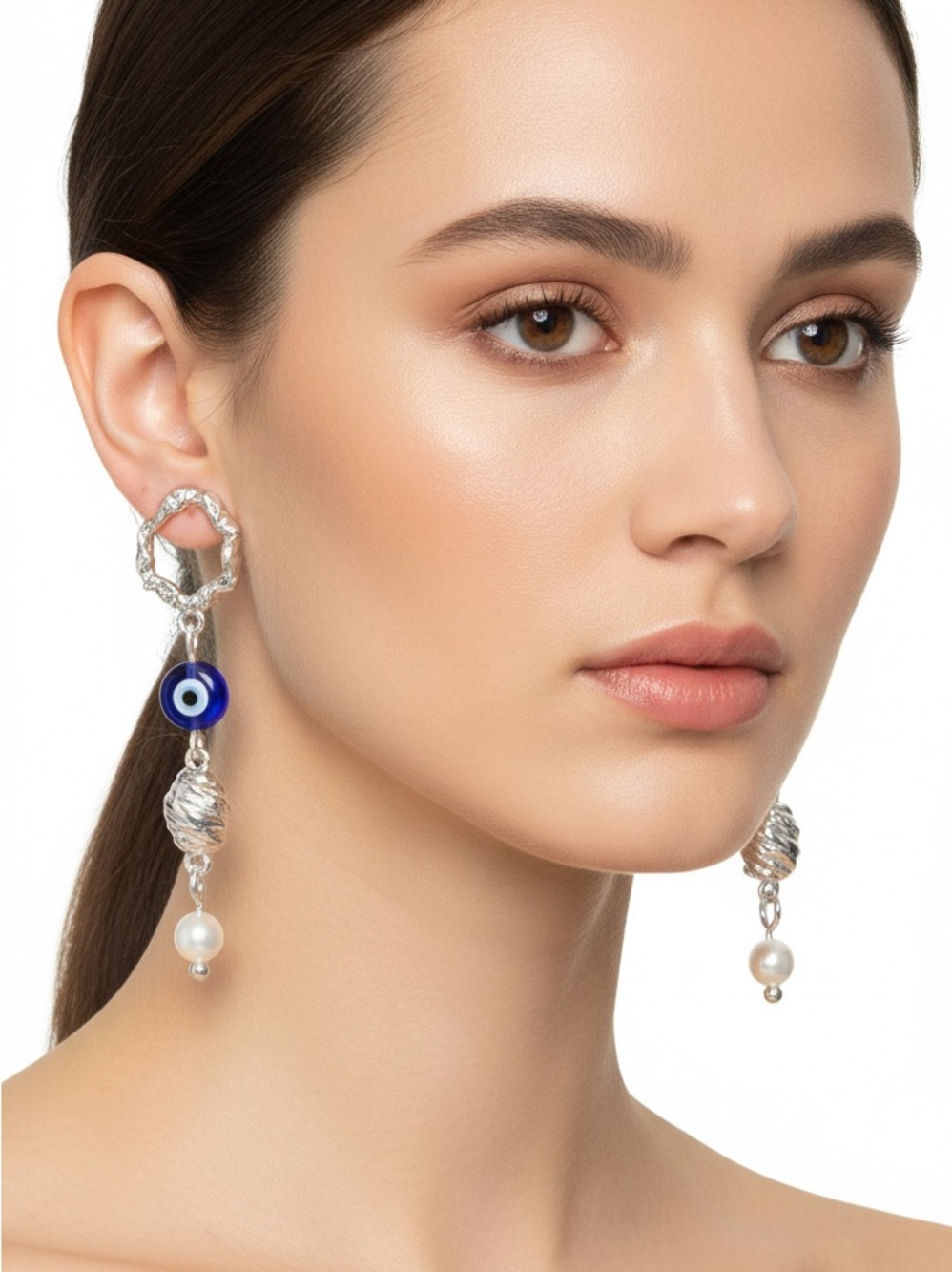 Sibyl Pearl & Evil Eye Rhodium Drop Earrings